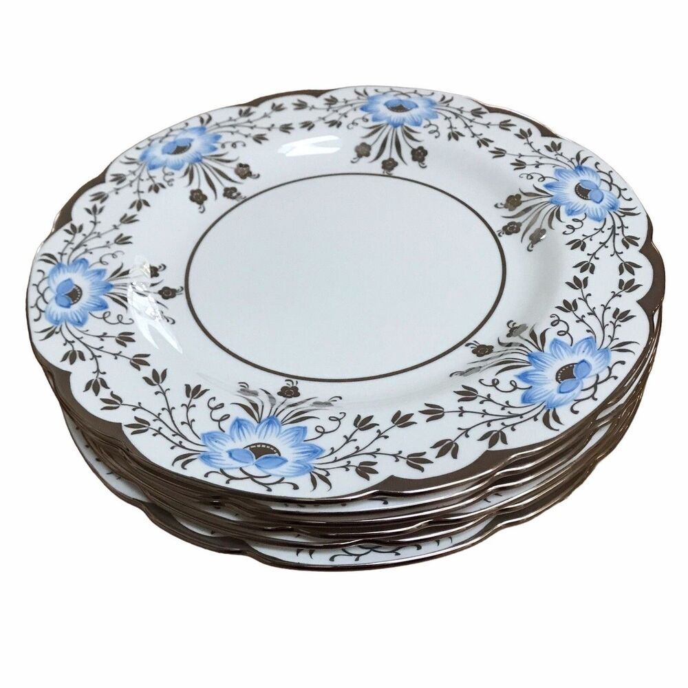 Rare Vintage Wedgwood Blue Lotus Flowers Set 6 Dinner Plates Silver Luster Trim - Picture 3 of 7